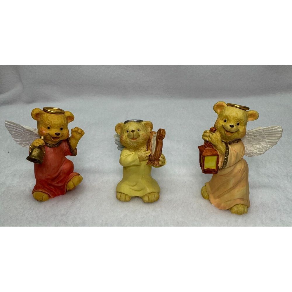 VTG Angel Teddy Babies Lot of 3 Bears Figurine with Harp Bell Lantern Christmas